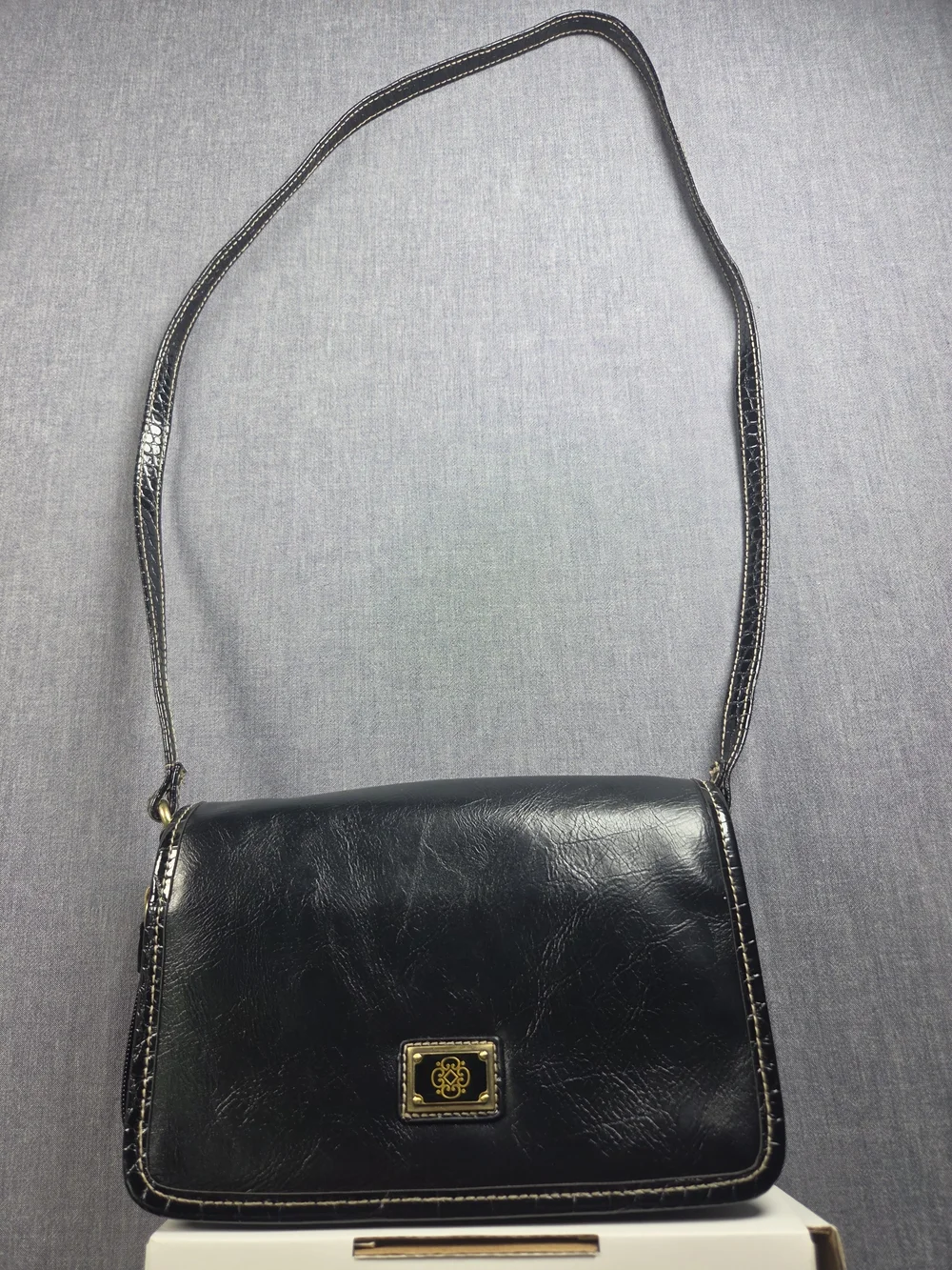 Black Leather Crossbody Shoulder Bag with Gold Accent